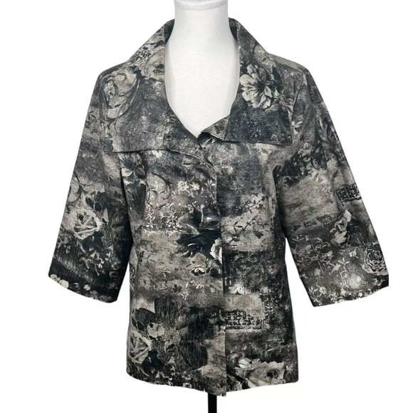 Chico's 2 Jacket Blazer Size L Multicolored Floral Black Gray Snap Front Collar - Picture 1 of 10